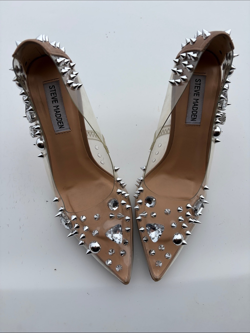 Steve Madden Nude Clear Pointed Pumps with Silver Spikes & Rhinestones Size 8